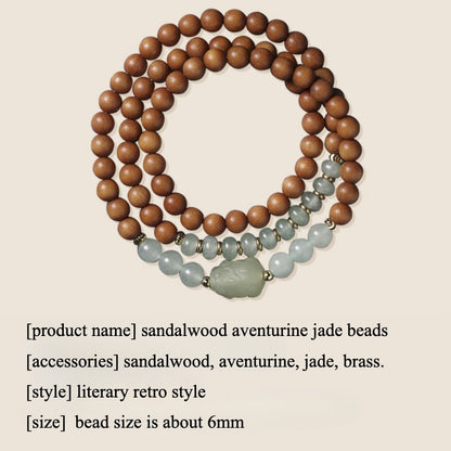 Zen Healing Sandalwood Aventurine Jade Pixiu Fortune Wealth Multi-Circle Bracelet