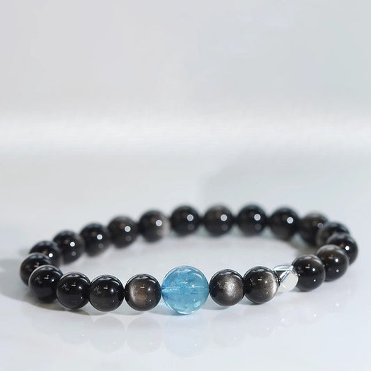 Zen Healing Silver Sheen Obsidian Aquamarine Protection Bracelet