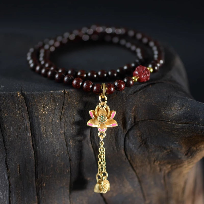 Zen Healing Small Leaf Red Sandalwood Lotus Buddha Balance Bracelet