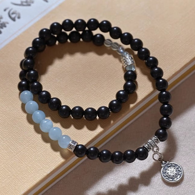 Zen Healing Tibetan Ebony Wood Aquamarine Nine Palaces Eight Trigrams Harmony Double Wrap Bracelet