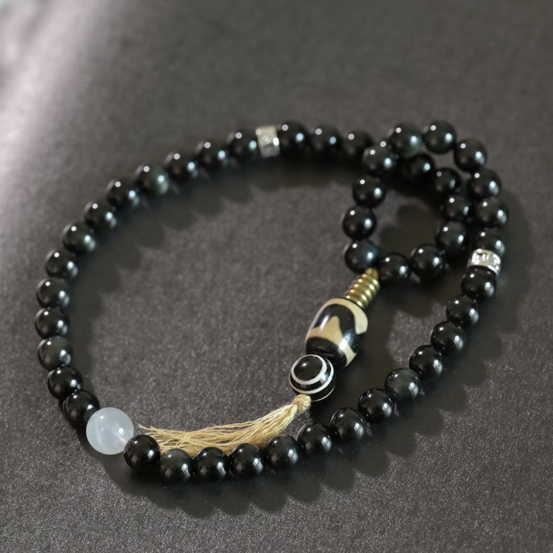 Zen Healing Tibetan Obsidian Blue Moonstone Dzi Clam Double Wrap Bracelet