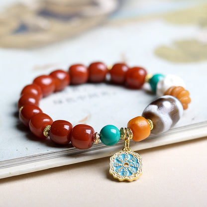 Zen Healing Tibetan Southern Red Agate Three-Eye Dzi Bead Yak Bone Prosperity Bracelet