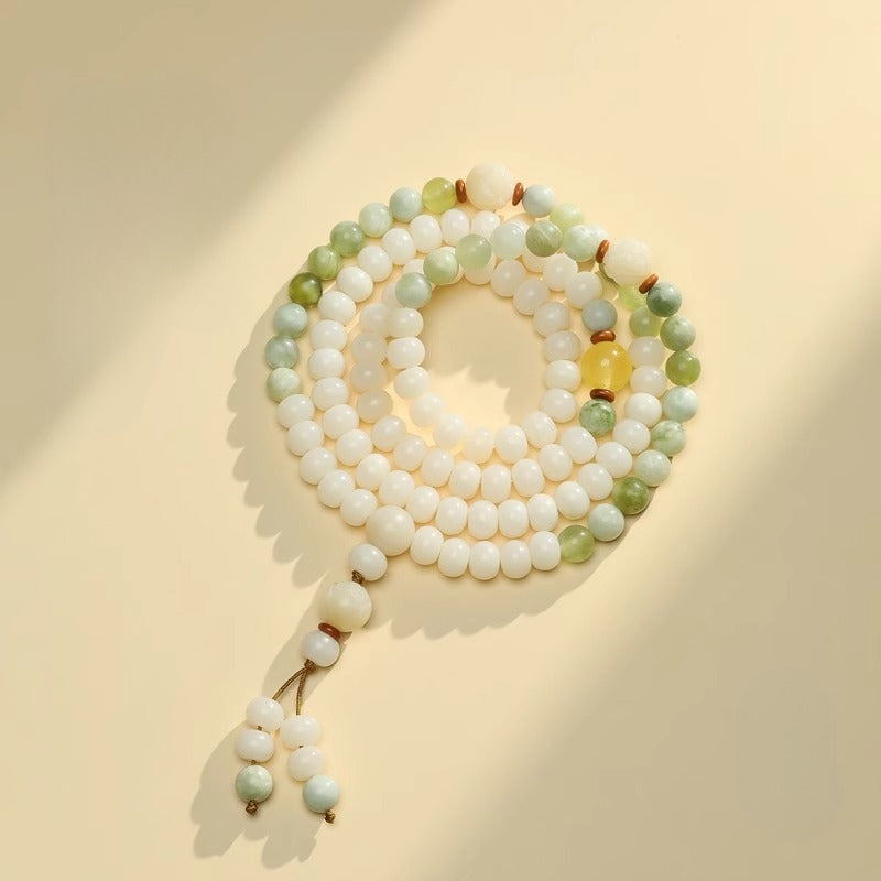 Zen Healing White Bodhi Seed 108 Mala Beads Serpentine Jade Wealth Bracelet