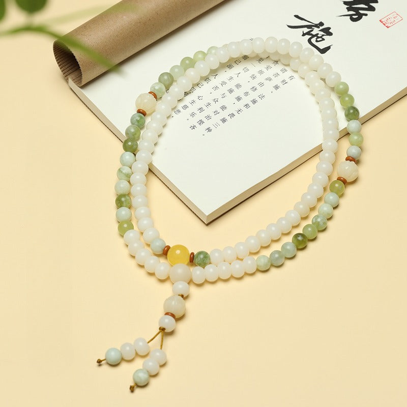 Zen Healing White Bodhi Seed 108 Mala Beads Serpentine Jade Wealth Bracelet