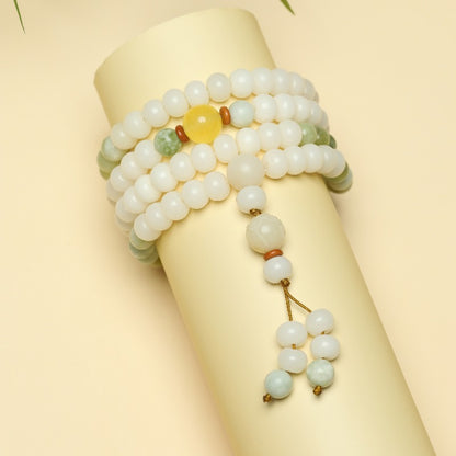 Zen Healing White Bodhi Seed 108 Mala Beads Serpentine Jade Wealth Bracelet