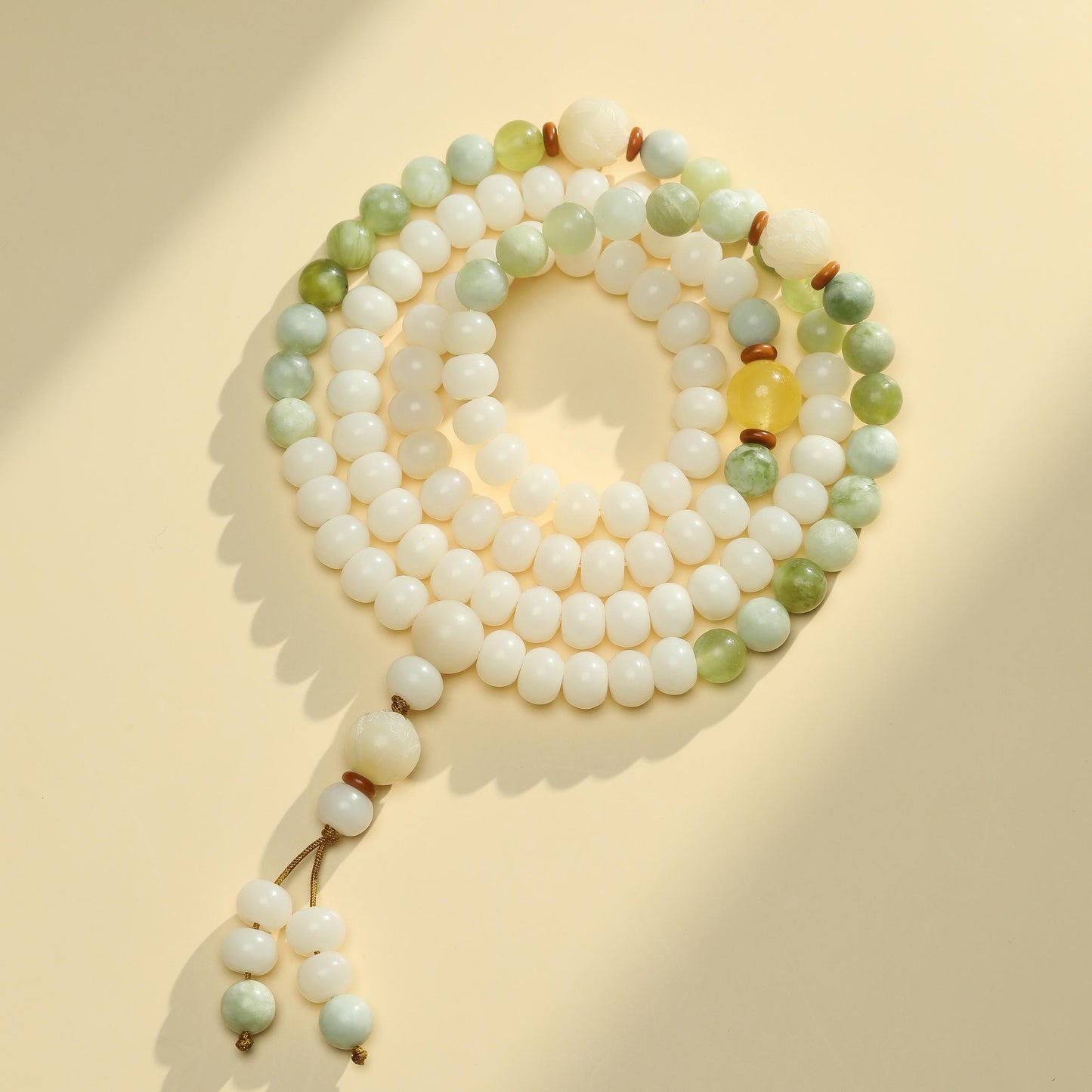 Zen Healing White Bodhi Seed 108 Mala Beads Serpentine Jade Wealth Bracelet