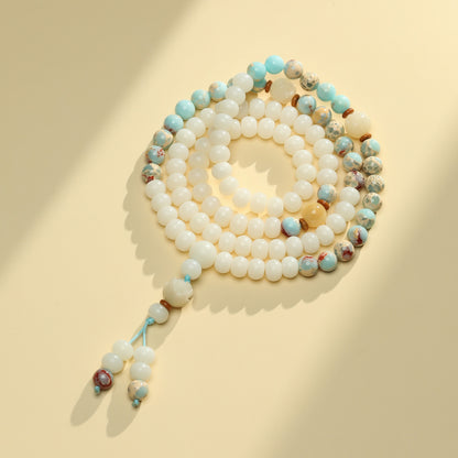 Zen Healing White Bodhi Seed 108 Mala Beads Serpentine Jade Wealth Bracelet