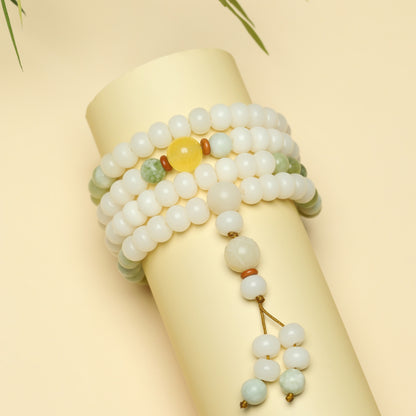 Zen Healing White Bodhi Seed 108 Mala Beads Serpentine Jade Wealth Bracelet