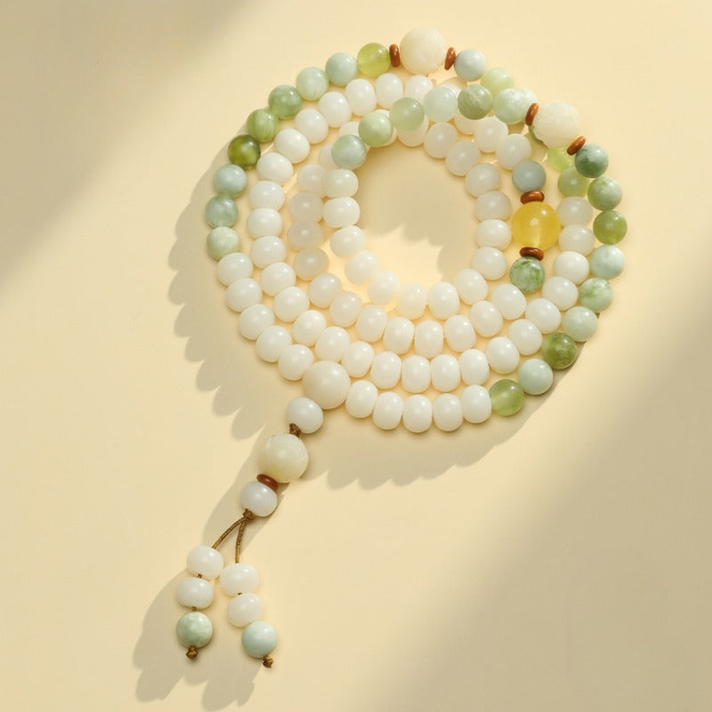 Zen Healing White Bodhi Seed 108 Mala Beads Serpentine Jade Wealth Bracelet