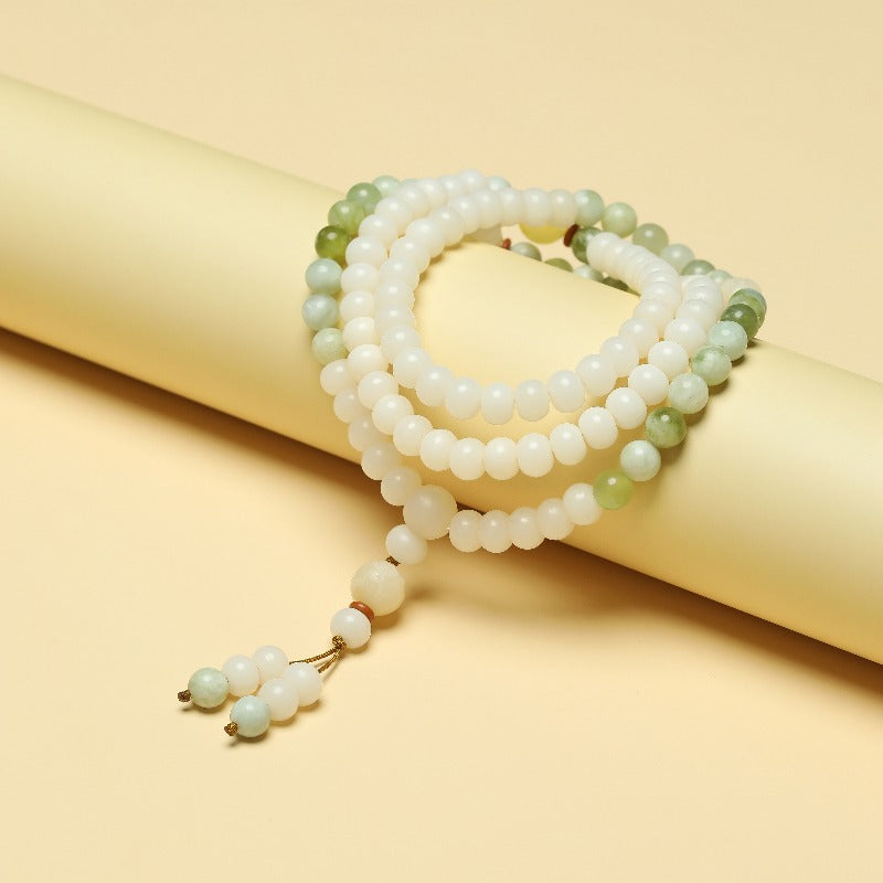 Zen Healing White Bodhi Seed 108 Mala Beads Serpentine Jade Wealth Bracelet