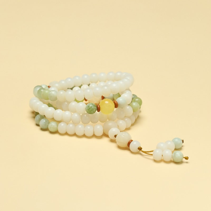 Zen Healing White Bodhi Seed 108 Mala Beads Serpentine Jade Wealth Bracelet