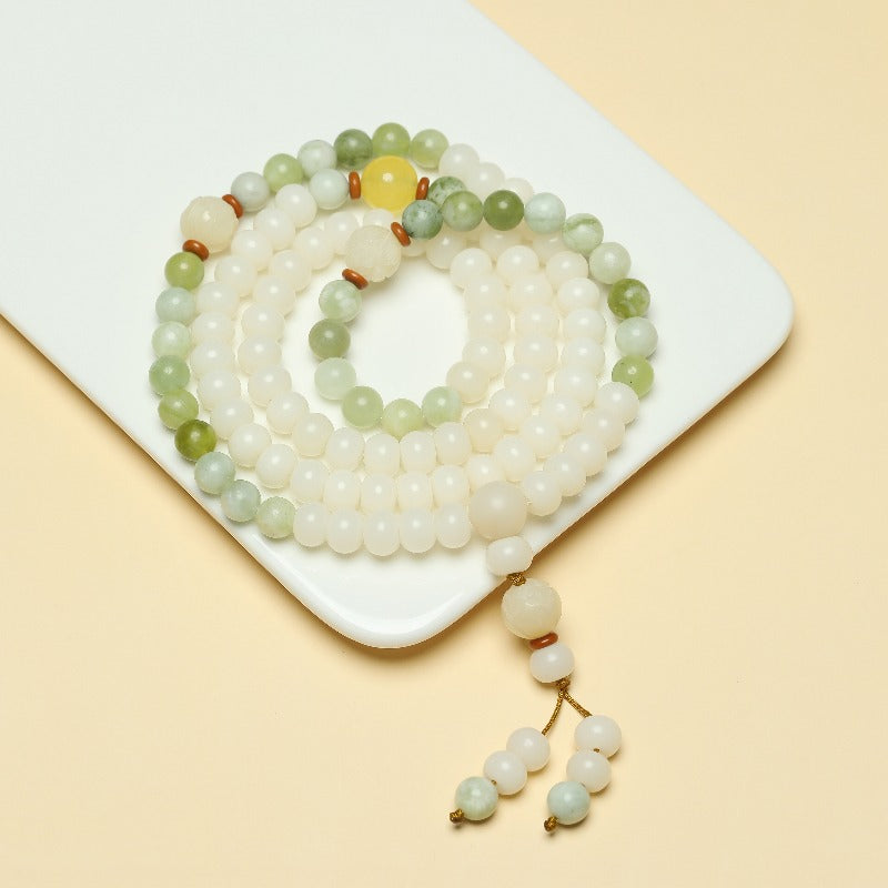 Zen Healing White Bodhi Seed 108 Mala Beads Serpentine Jade Wealth Bracelet