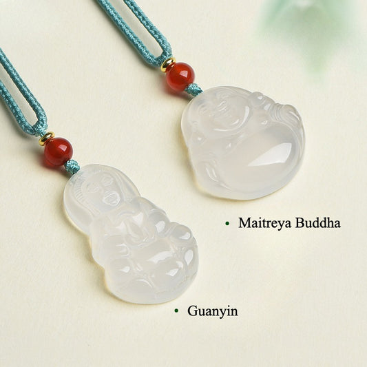 Zen Healing White Chalcedony Buddha Guanyin Luck Peace Necklace