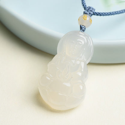 Zen Healing White Chalcedony Buddha Guanyin Luck Peace Necklace