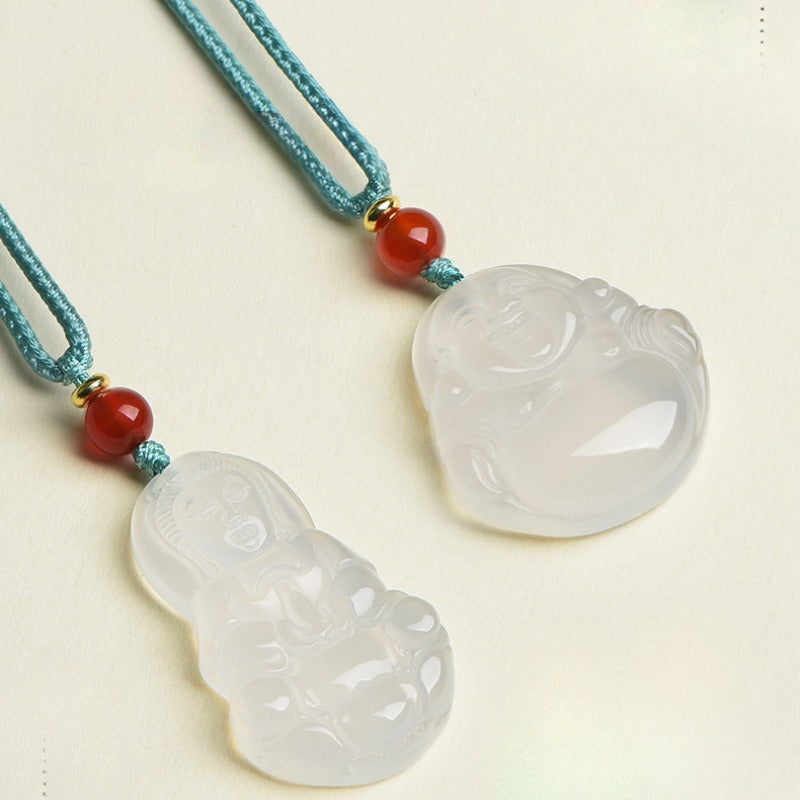 Zen Healing White Chalcedony Buddha Guanyin Luck Peace Necklace