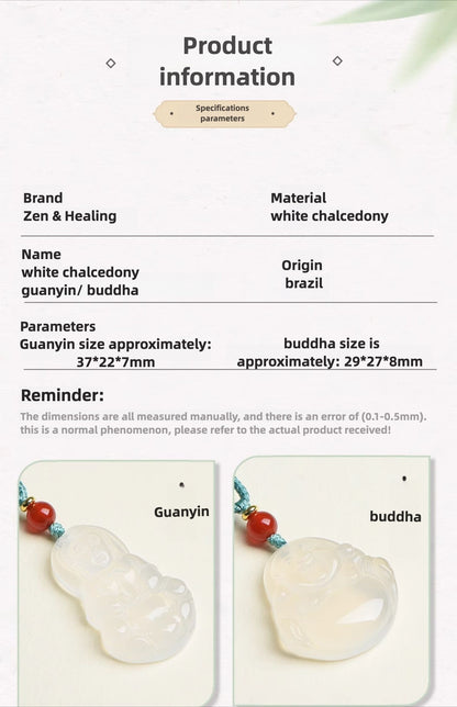 Zen Healing White Chalcedony Buddha Guanyin Luck Peace Necklace