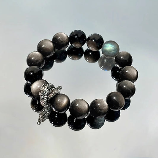 Zen Healing Year Of The Snake Black Obsidian Silver Obsidian Labradorite Luck & Protection Bracelet