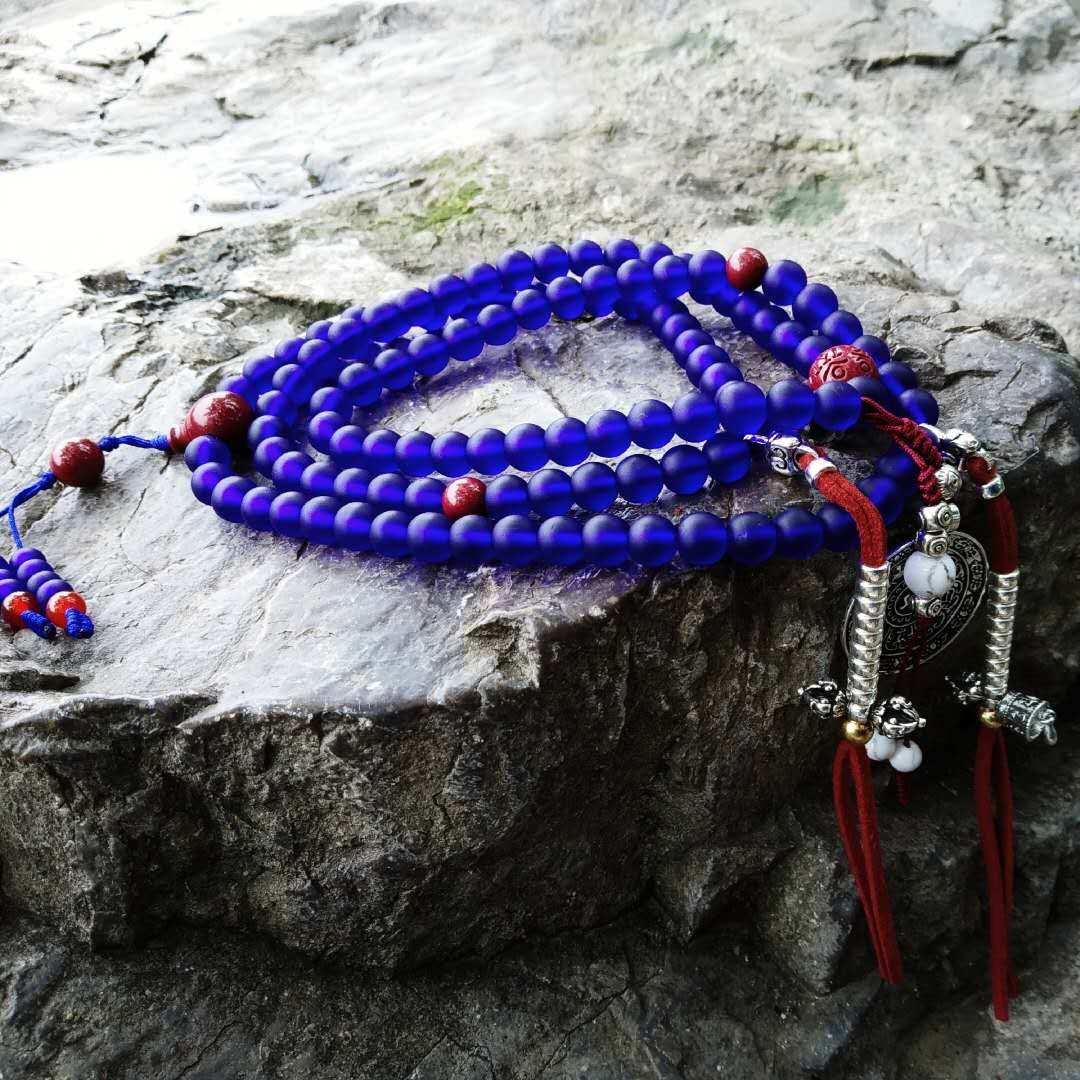 Zen Healing 108 Mala Beads Nepalese Blue Liuli Glass Bead Calm Bracelet
