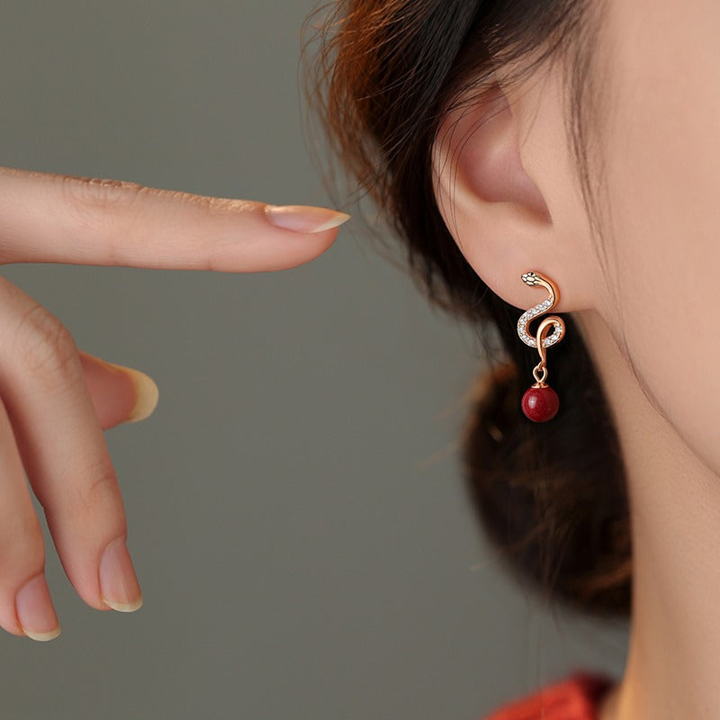 Zen Healing 925 Sterling Silver Cinnabar Year Of The Snake Blessing Earrings