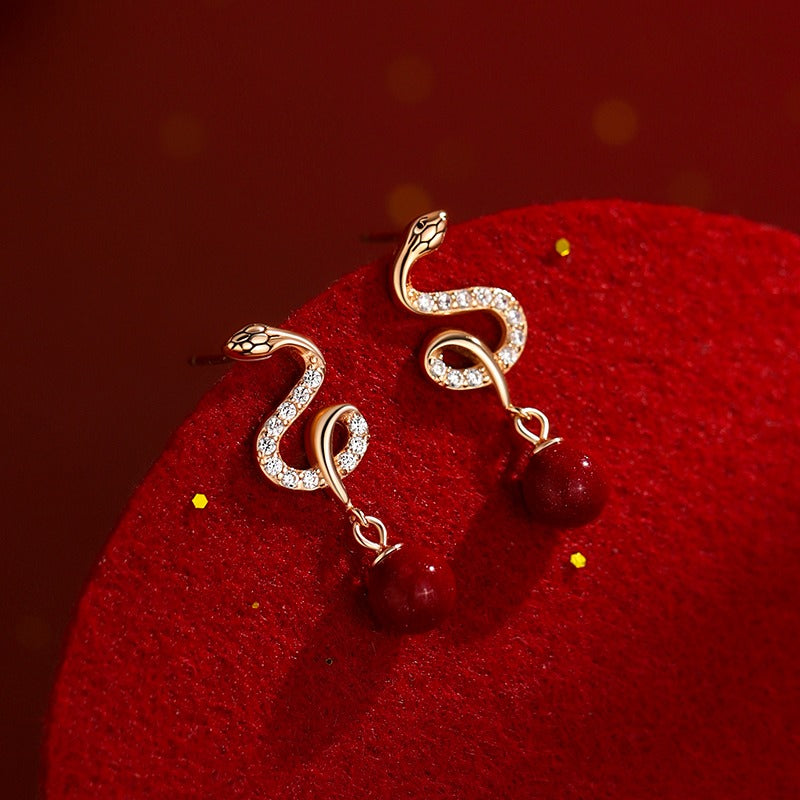 Zen Healing 925 Sterling Silver Cinnabar Year Of The Snake Blessing Earrings