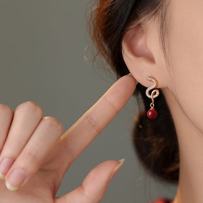 Zen Healing 925 Sterling Silver Cinnabar Year Of The Snake Blessing Earrings