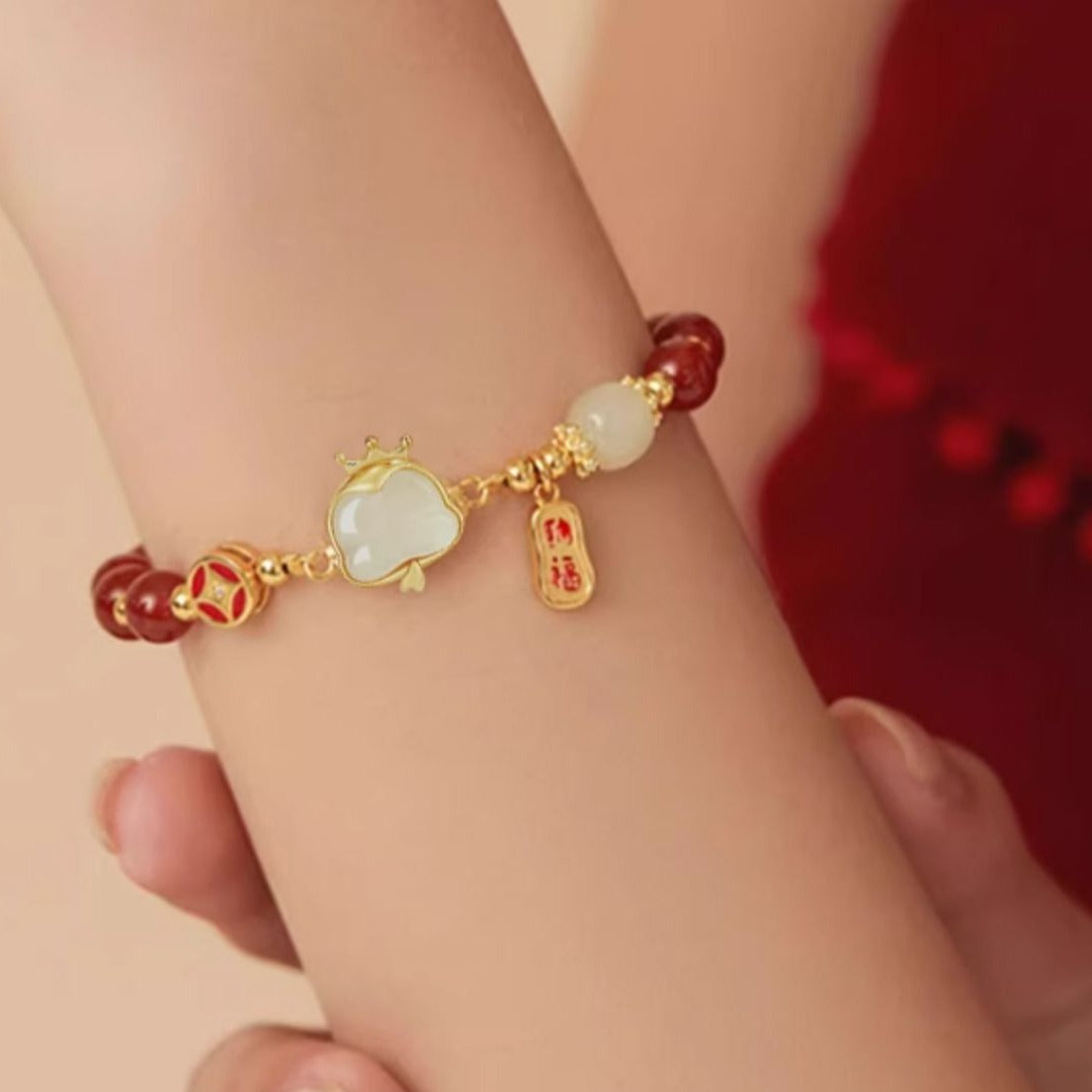 Zen Healing 925 Sterling Silver Hetian Jade Red Agate Year of the Snake Protection Bracelet