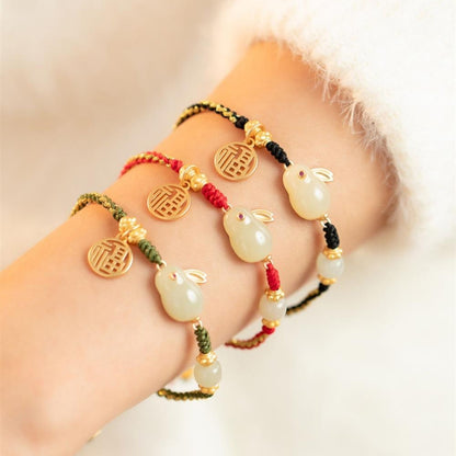 Zen Healing 925 Sterling Silver Jade Rabbit Luck Braided Bracelet