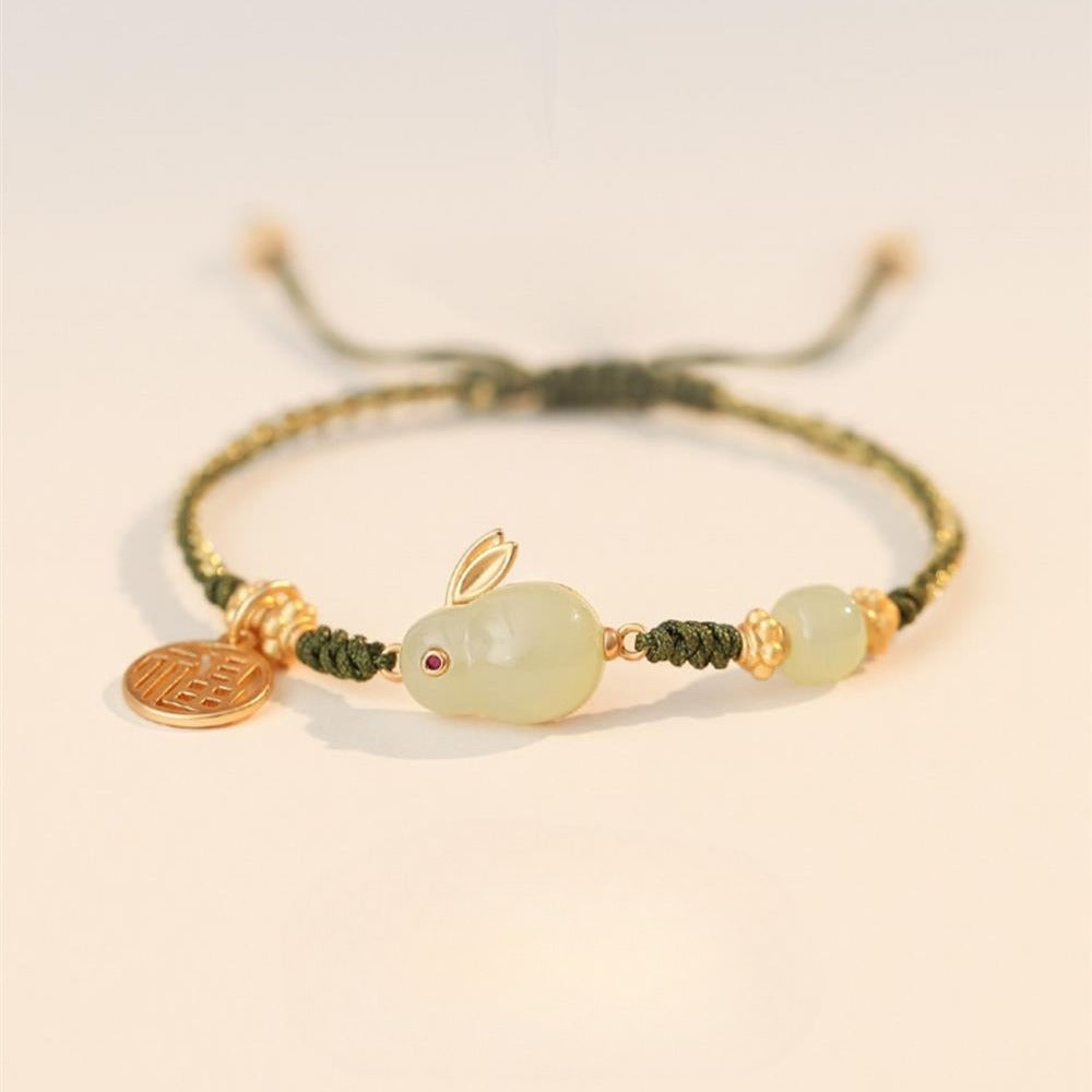 Zen Healing 925 Sterling Silver Jade Rabbit Luck Braided Bracelet