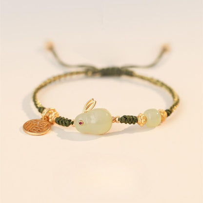 Zen Healing 925 Sterling Silver Jade Rabbit Luck Braided Bracelet