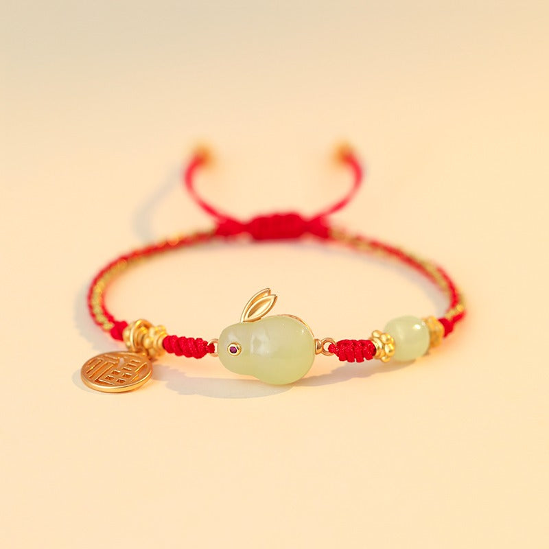 Zen Healing 925 Sterling Silver Jade Rabbit Luck Braided Bracelet
