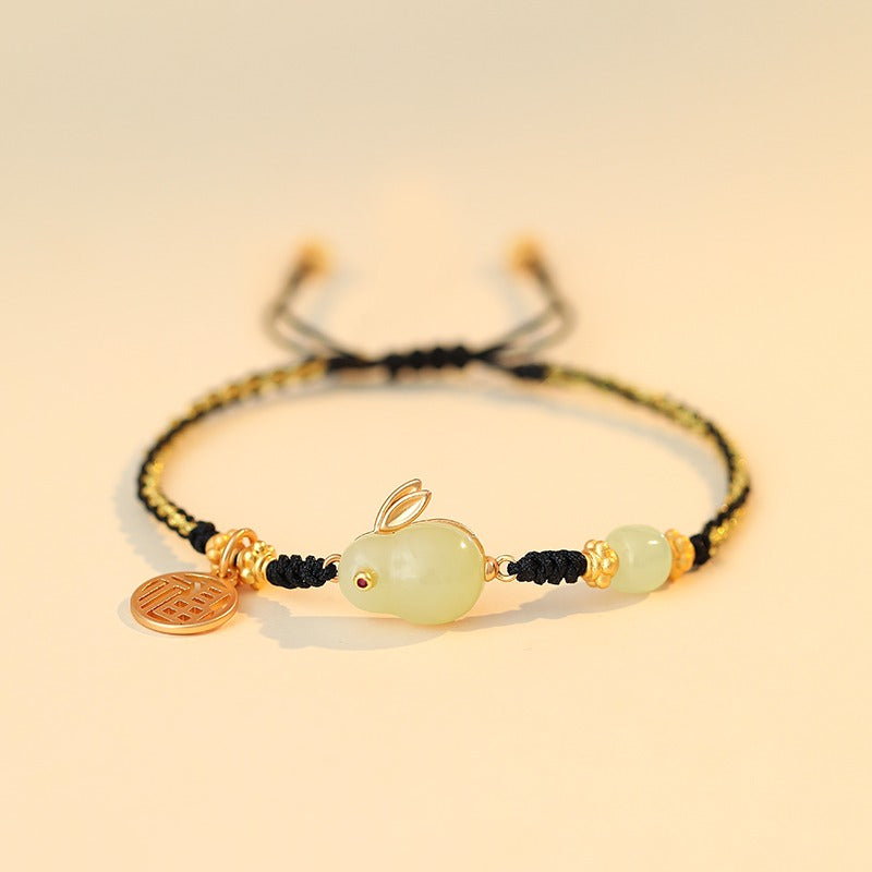 Zen Healing 925 Sterling Silver Jade Rabbit Luck Braided Bracelet