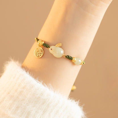 Zen Healing 925 Sterling Silver Jade Rabbit Luck Braided Bracelet