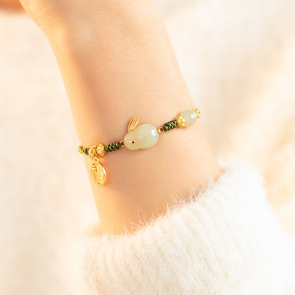 Zen Healing 925 Sterling Silver Jade Rabbit Luck Braided Bracelet
