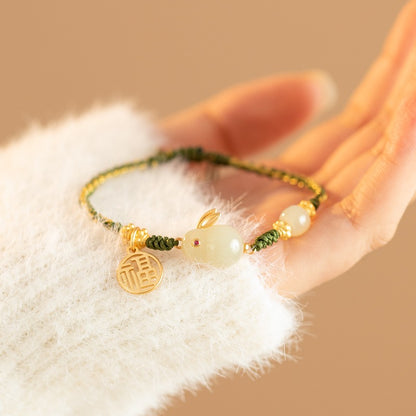 Zen Healing 925 Sterling Silver Jade Rabbit Luck Braided Bracelet