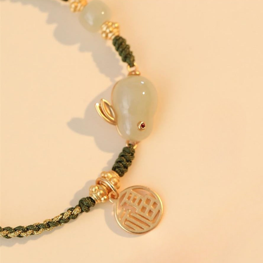 Zen Healing 925 Sterling Silver Jade Rabbit Luck Braided Bracelet