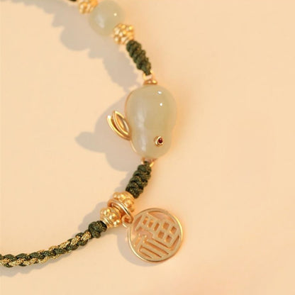 Zen Healing 925 Sterling Silver Jade Rabbit Luck Braided Bracelet