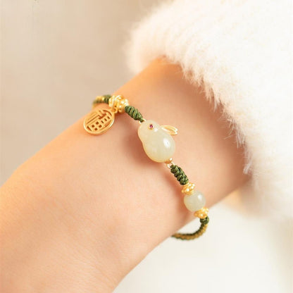 Zen Healing 925 Sterling Silver Jade Rabbit Luck Braided Bracelet