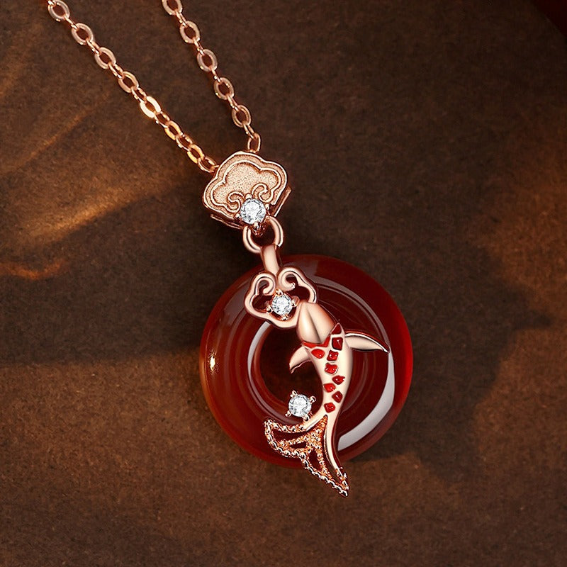 Zen Healing 925 Sterling Silver Red Agate Koi Lucky  Peace Pendant Necklace