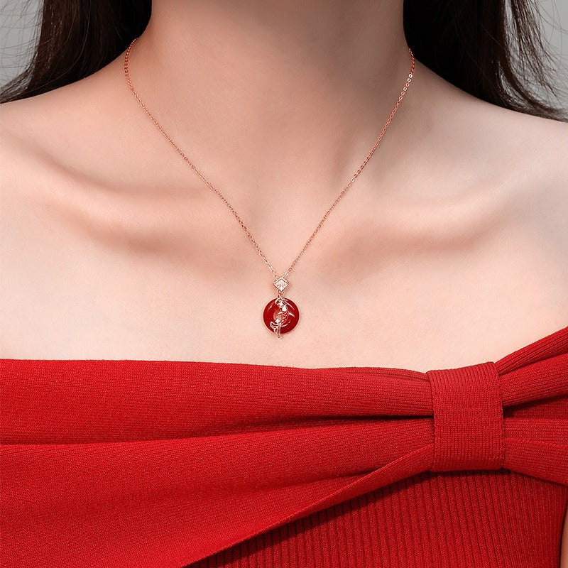 Zen Healing 925 Sterling Silver Red Agate Koi Lucky  Peace Pendant Necklace