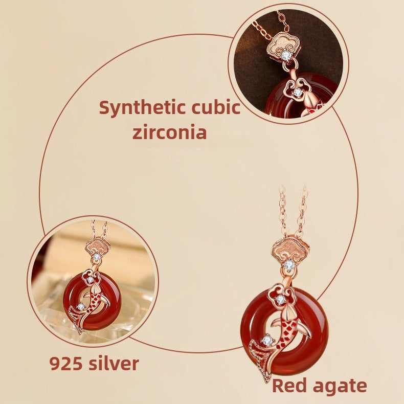 Zen Healing 925 Sterling Silver Red Agate Koi Lucky  Peace Pendant Necklace