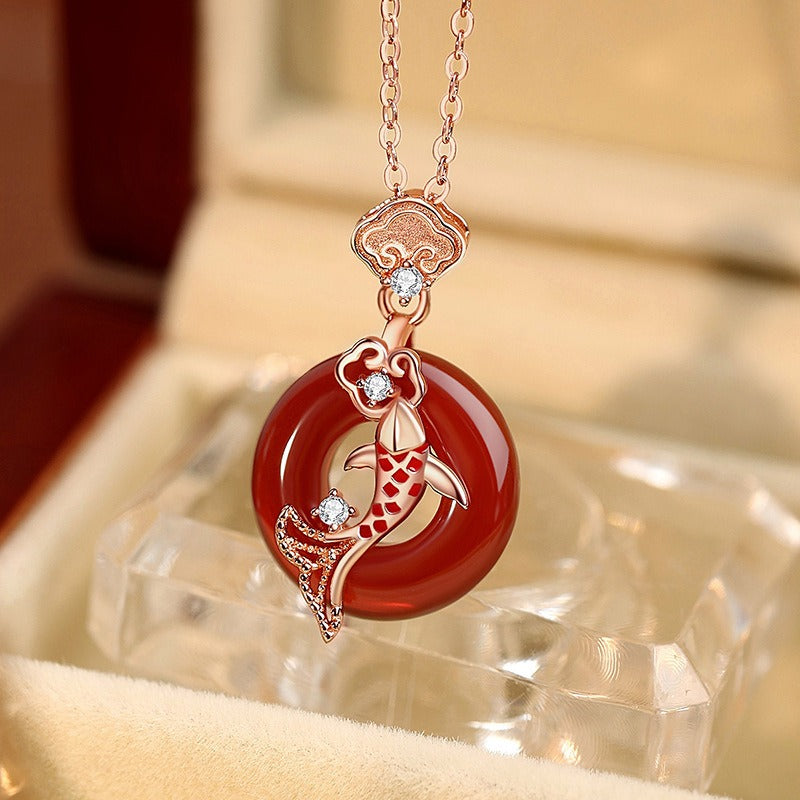 Zen Healing 925 Sterling Silver Red Agate Koi Lucky  Peace Pendant Necklace