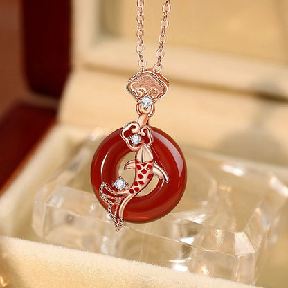 Zen Healing 925 Sterling Silver Red Agate Koi Lucky  Peace Pendant Necklace