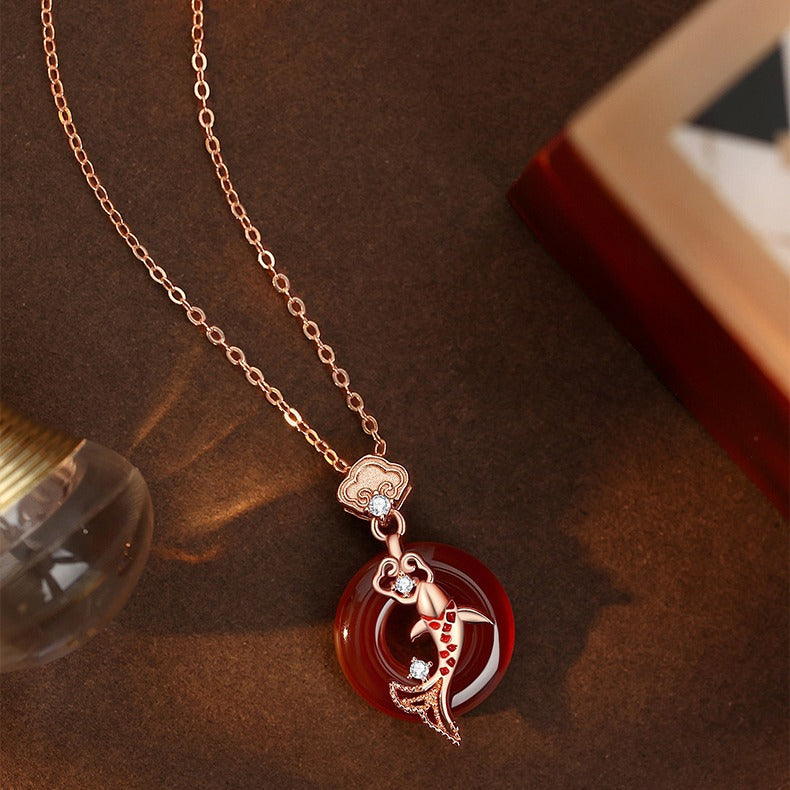 Zen Healing 925 Sterling Silver Red Agate Koi Lucky  Peace Pendant Necklace
