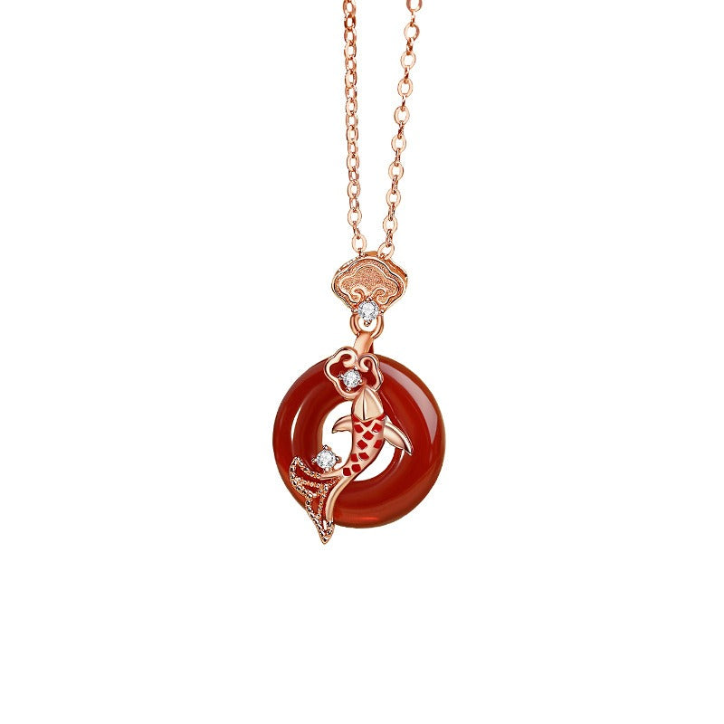 Zen Healing 925 Sterling Silver Red Agate Koi Lucky  Peace Pendant Necklace