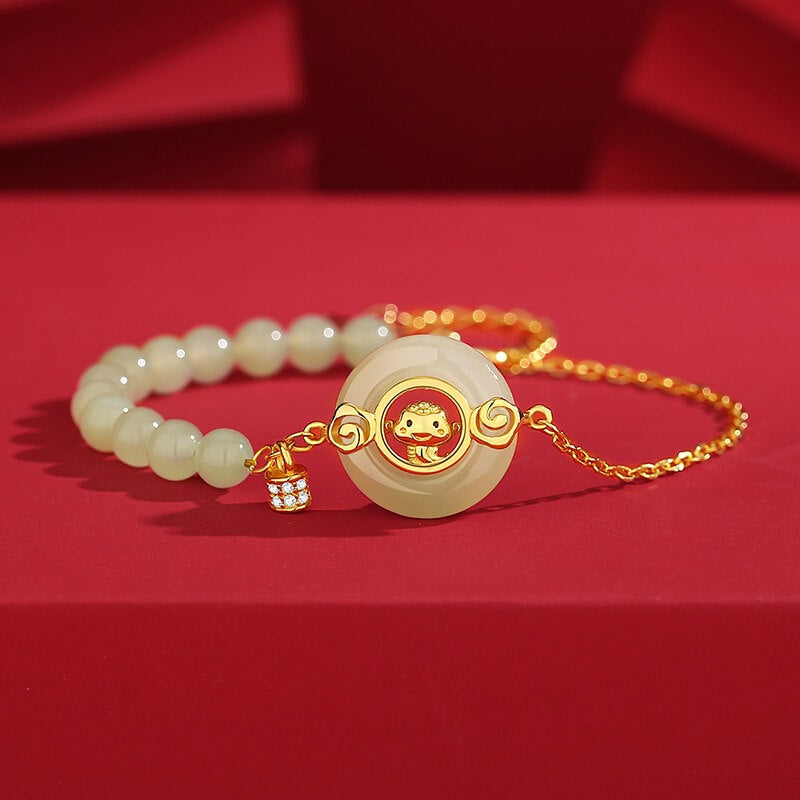 Zen Healing 925 Sterling Silver Year of the Snake Hetian Jade Peace Amulet Braided Bracelet