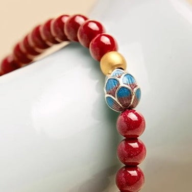 Zen Healing Cinnabar Cloisonné Lotus Blessing Bracelet