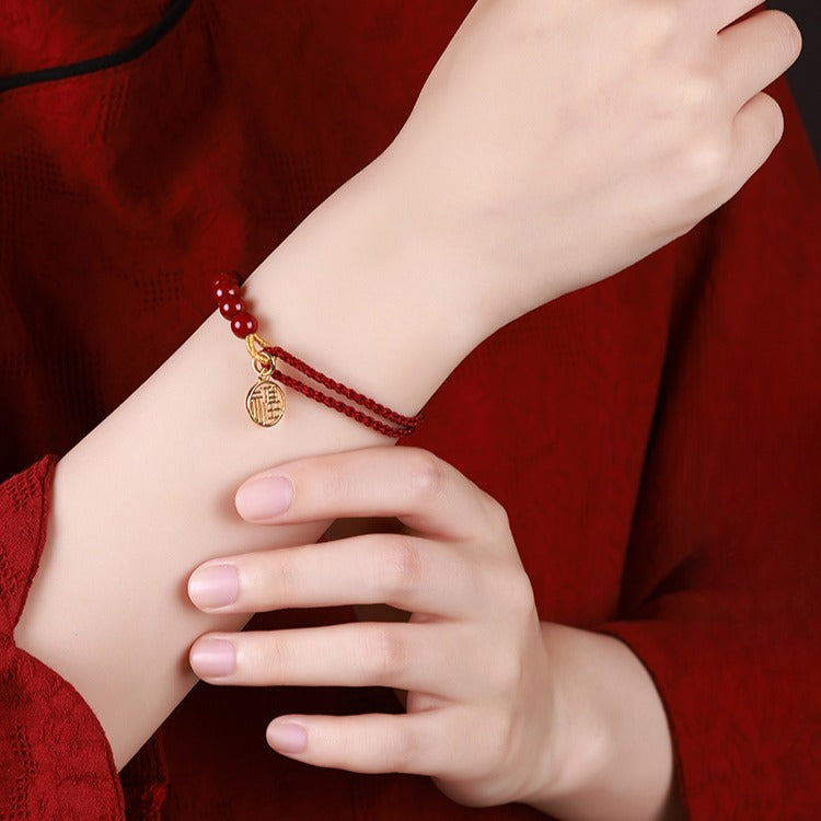 Zen Healing Cinnabar Fu Pendant Red String Harmony Bracelet