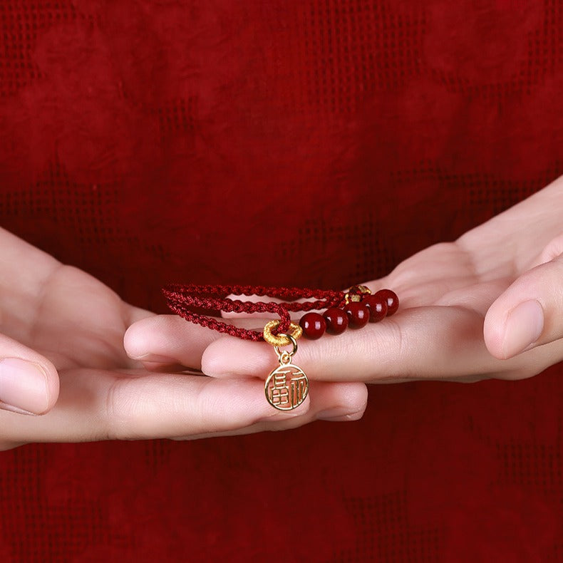 Zen Healing Cinnabar Fu Pendant Red String Harmony Bracelet