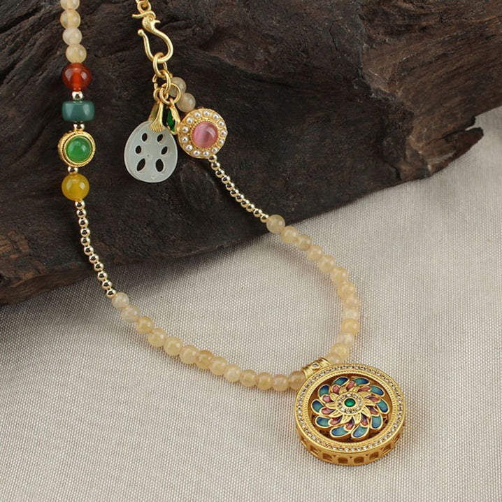 Zen Healing Enamel Lotus Compass Guidance Spiritual Growth Pendant Necklace