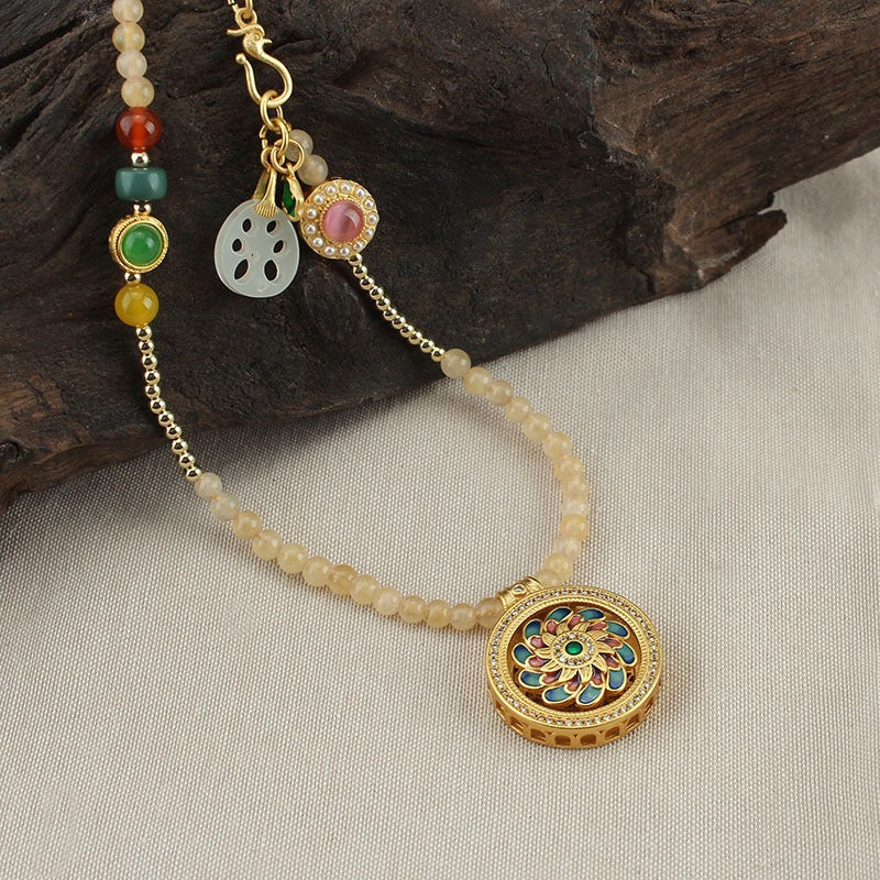Zen Healing Enamel Lotus Compass Guidance Spiritual Growth Pendant Necklace